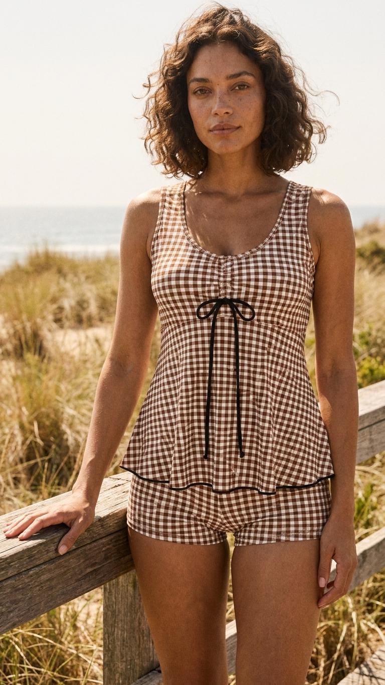 Drawstring Tankini Two-Piece Swimsuit with Boyshort Bottoms, Brown Gingham