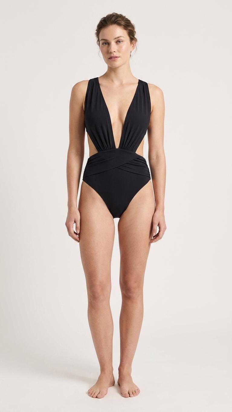 Black Deep Plunge Low Back Swimsuit – Crossover Back, Ruched Details