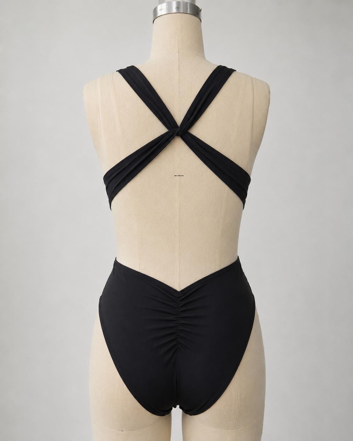 Black Deep Plunge Low Back Swimsuit – Crossover Back, Ruched Details