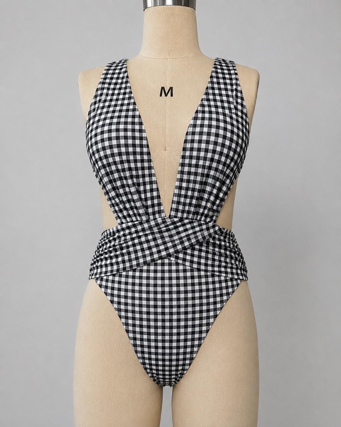 Black Gingham Deep Plunge Low Back Swimsuit – Crossover Back, Ruched Details