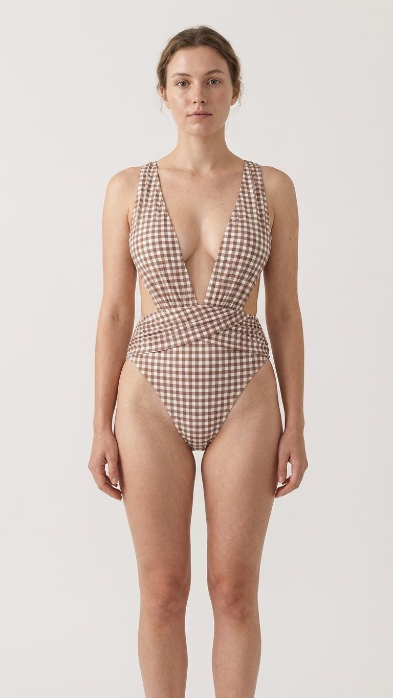 Brown Gingham Deep Plunge Low Back Swimsuit – Crossover Back, Ruched Details