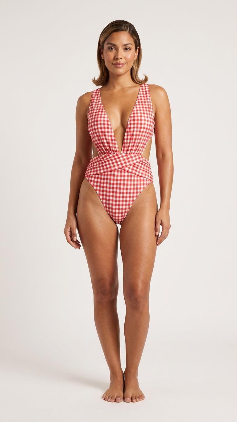 Red Gingham Deep Plunge Low Back Swimsuit – Crossover Back, Ruched Details