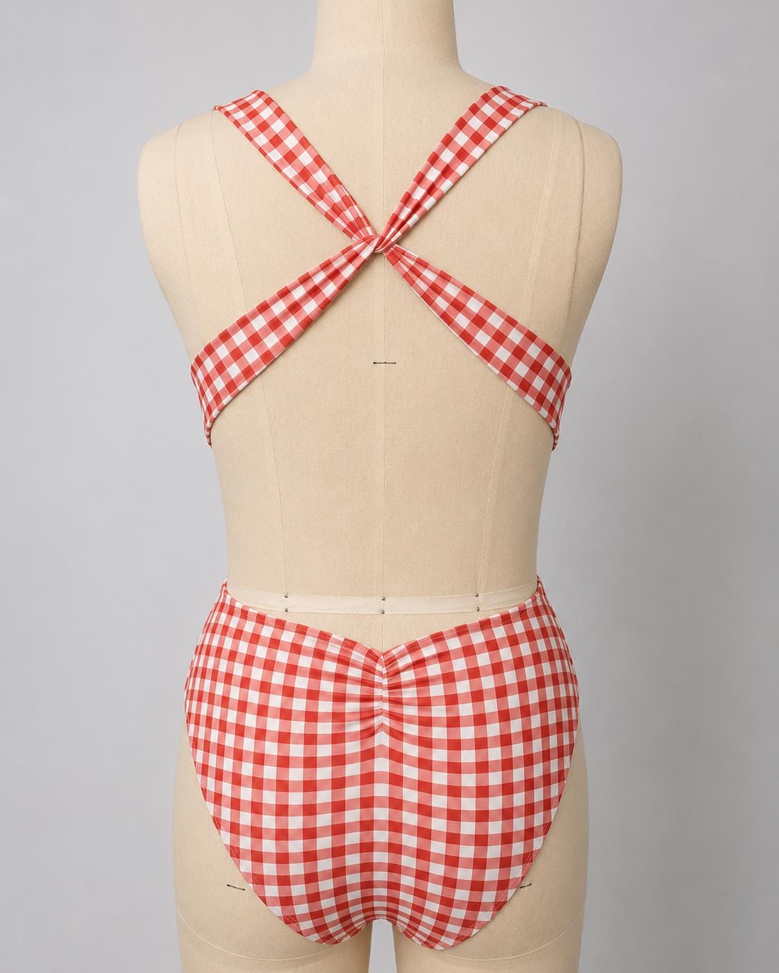 Red Gingham Deep Plunge Low Back Swimsuit – Crossover Back, Ruched Details