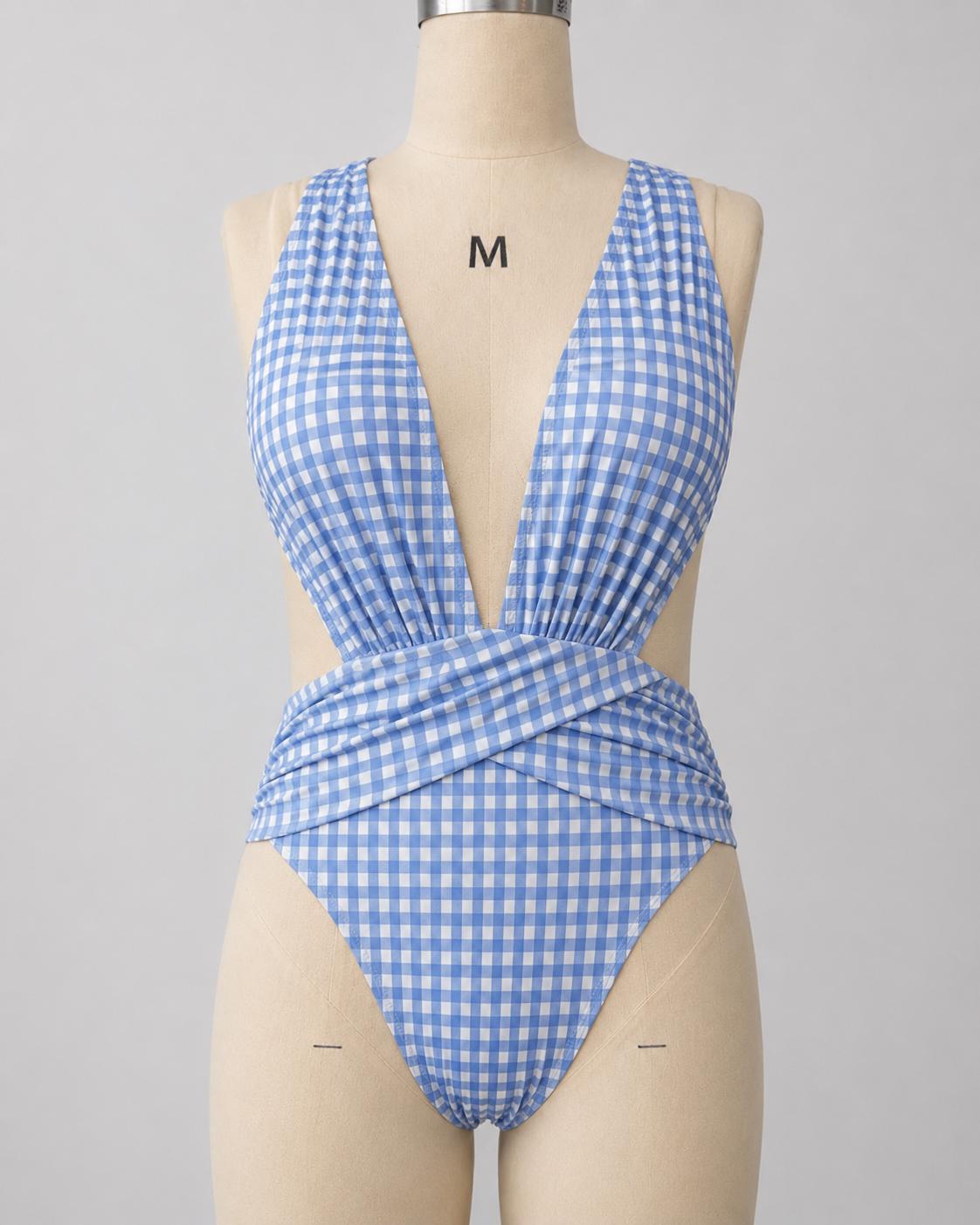 Blue Gingham Deep Plunge Low Back Swimsuit – Crossover Back, Ruched Details