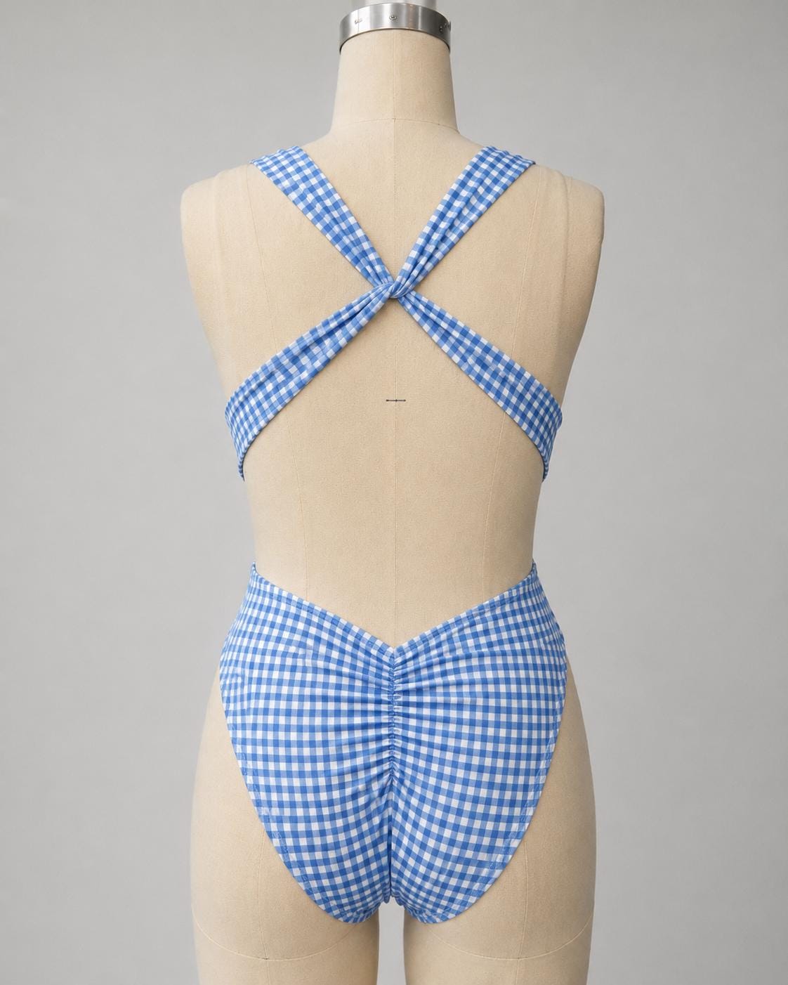 Blue Gingham Deep Plunge Low Back Swimsuit – Crossover Back, Ruched Details