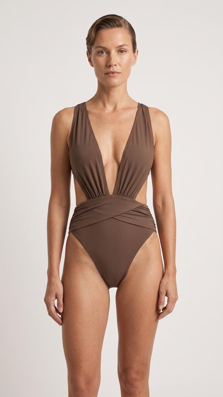 Brown Deep Plunge Low Back Swimsuit – Crossover Back, Ruched Details