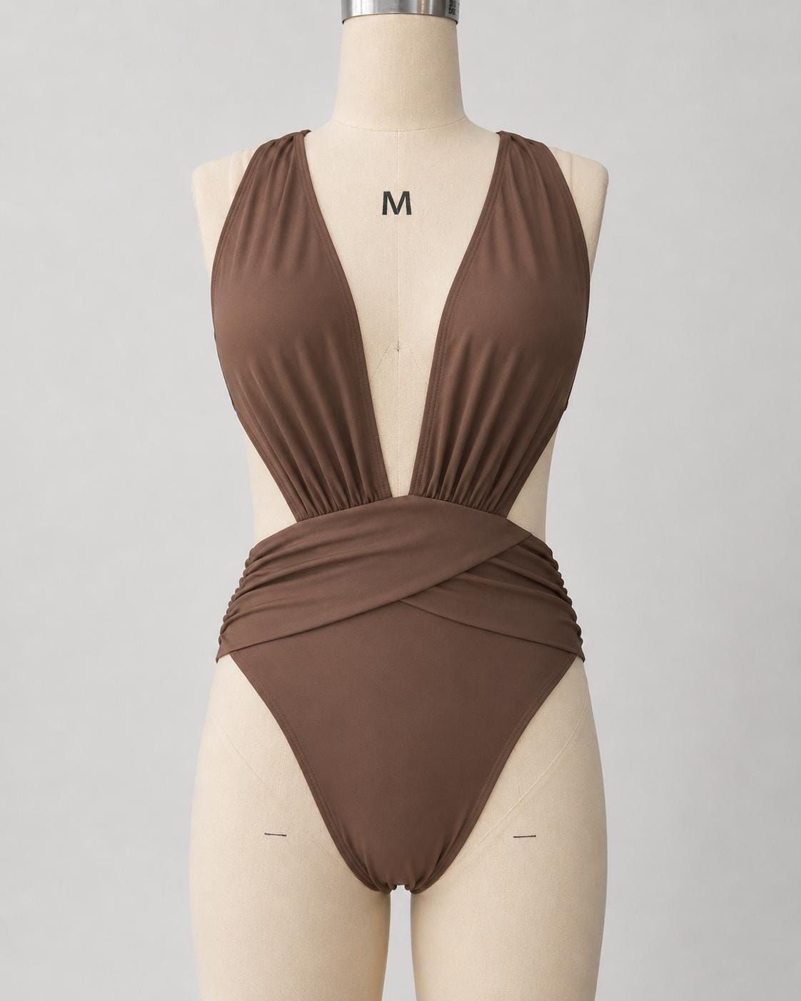 Brown Deep Plunge Low Back Swimsuit – Crossover Back, Ruched Details