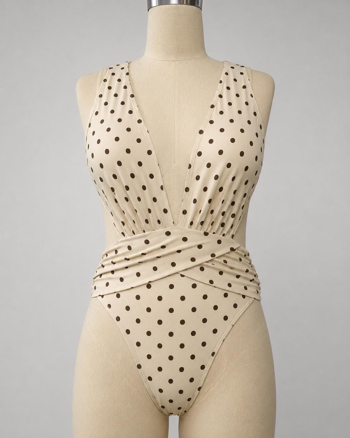 Beige / Cream Polka Dot Deep Plunge Low Back Swimsuit – Crossover Back, Ruched Details