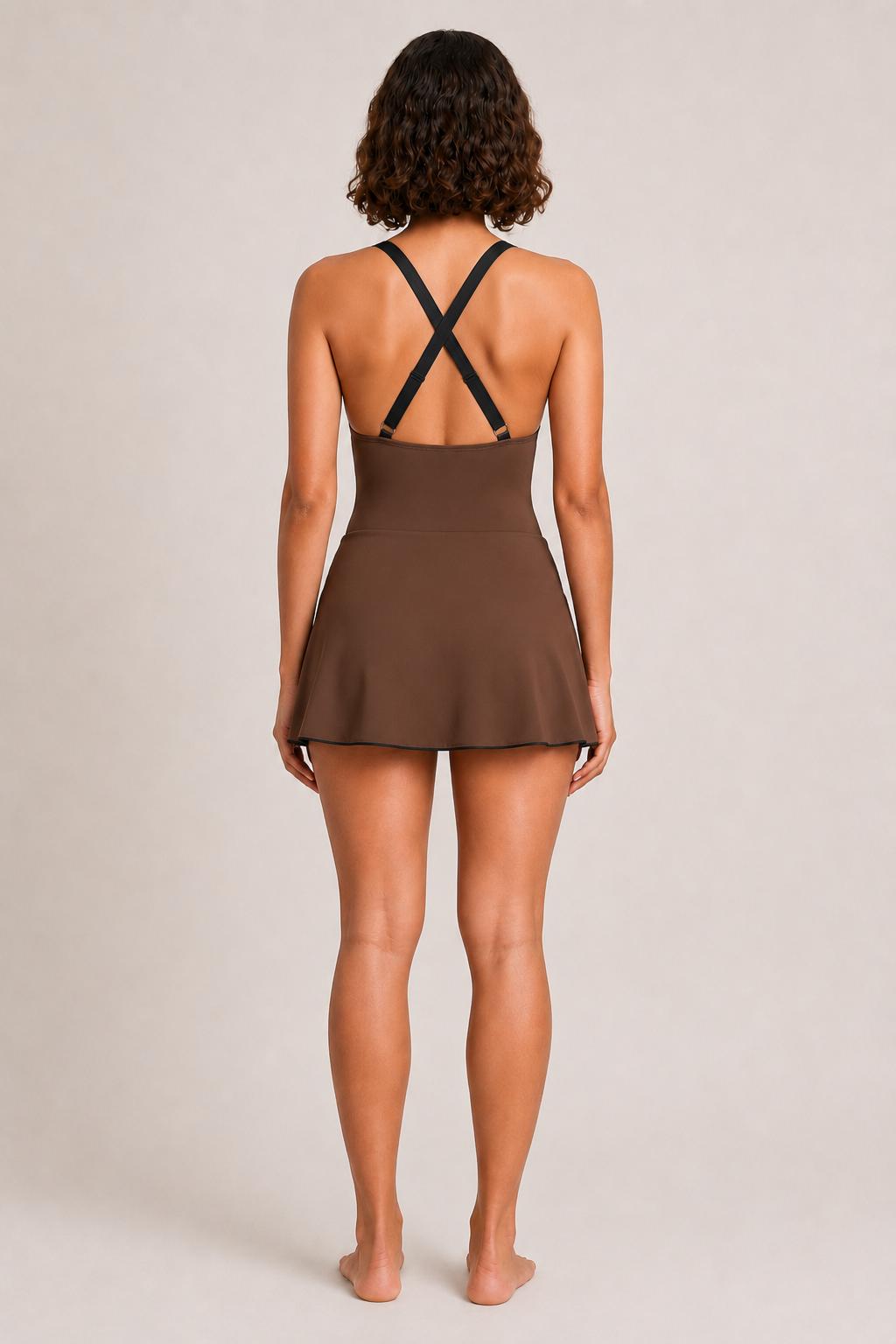 Retro Swim Dress, Integrated Bottoms & Adjustable Straps, Vintage-Inspired Modest One-Piece Romper, Brown