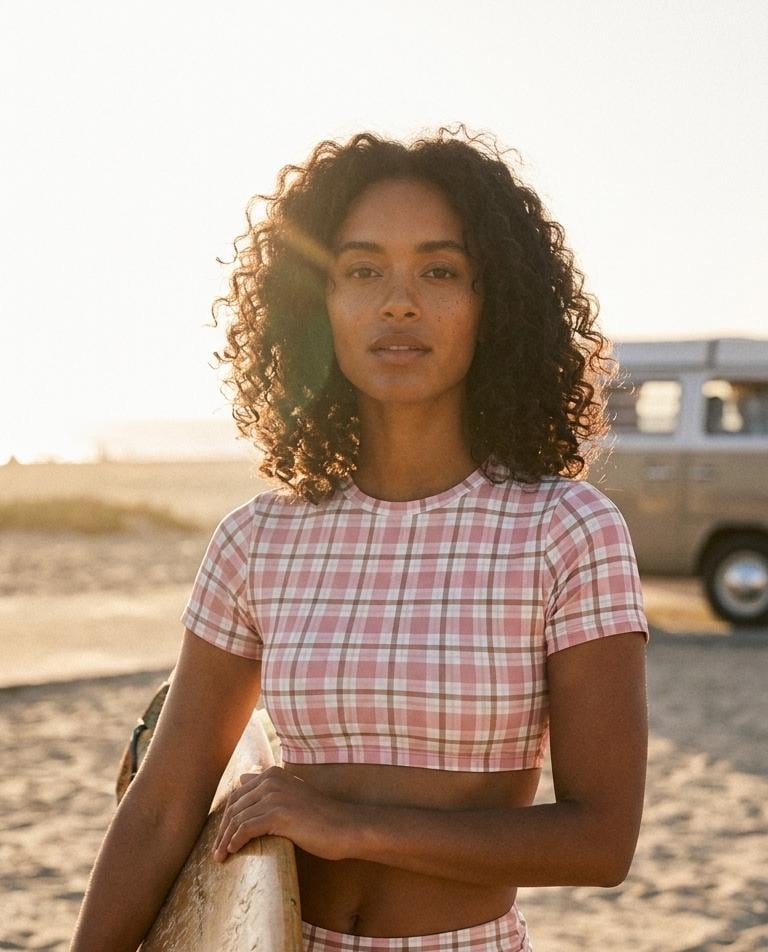 Swim Shirt Bikini with Ruched Detail | Crop-Top Rash-Guard Pink & Brown Plaid Swimsuit Set