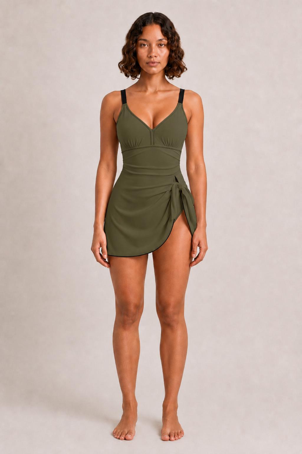 Retro Swim Dress, Integrated Bottoms & Adjustable Straps, Vintage-Inspired Modest One-Piece Romper, Olive Green