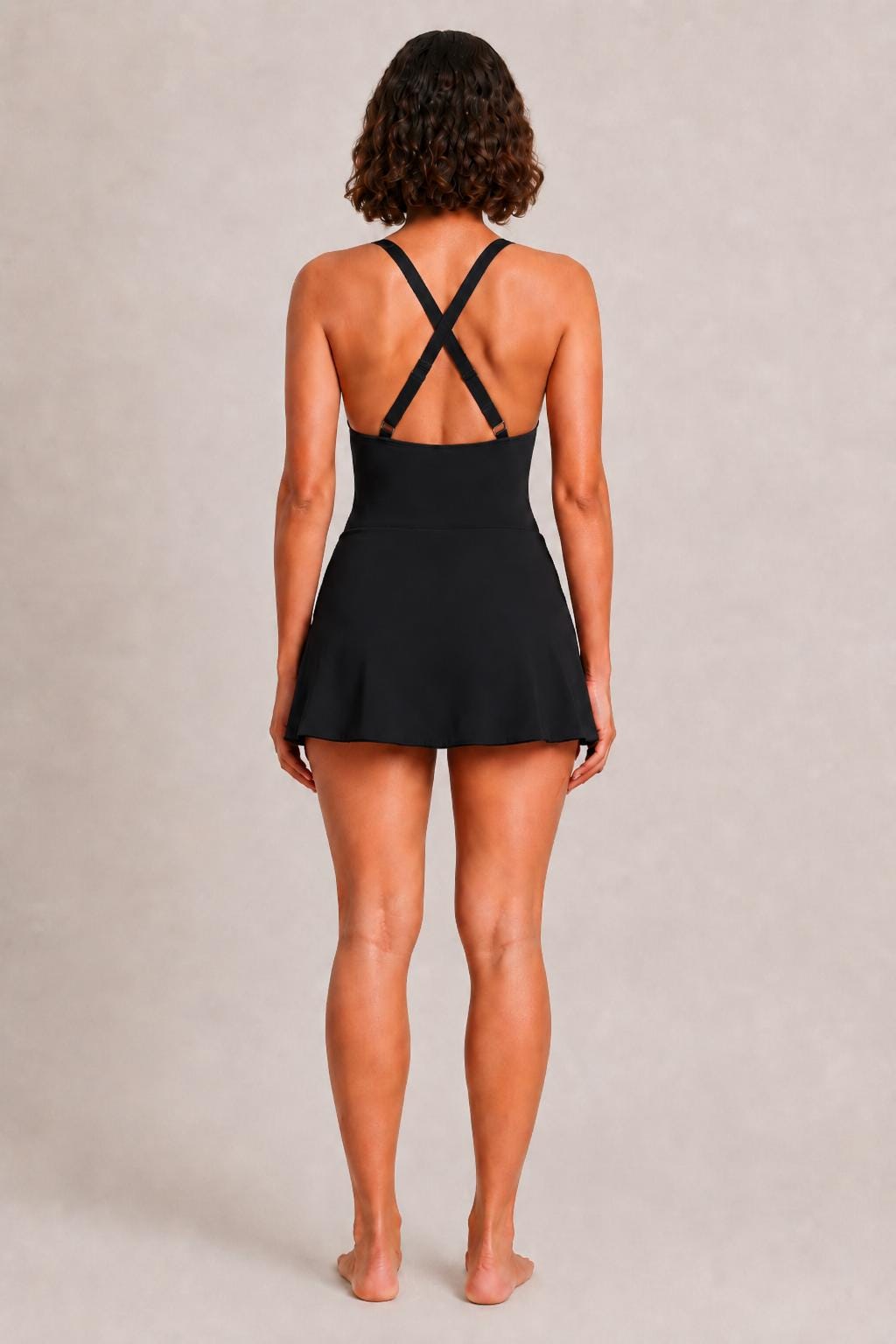 Retro Swim Dress, Integrated Bottoms & Adjustable Straps, Vintage-Inspired Modest One-Piece Romper, Black