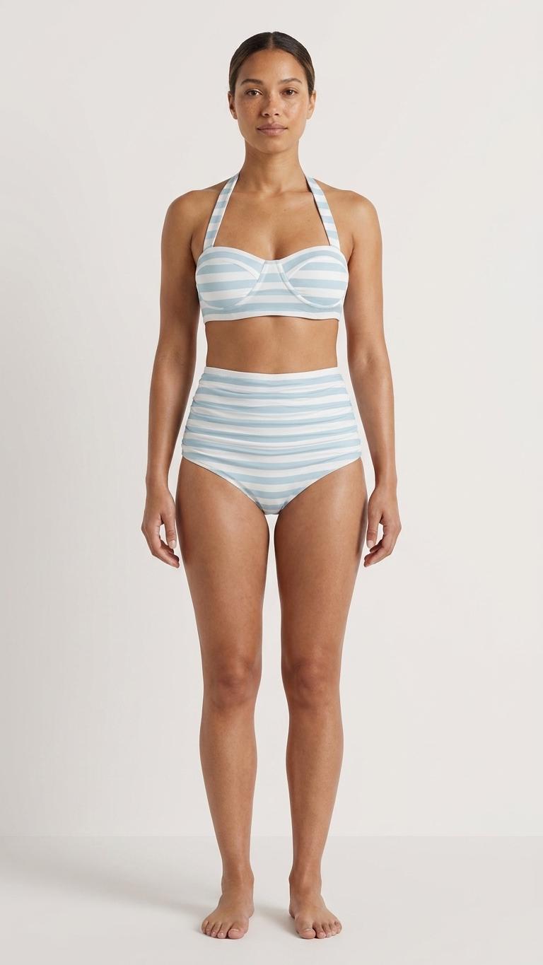 Retro Sweetheart High-Waist Bikini, Coastal Pin Up Halter Swimsuit, Blue Nautical Stripes