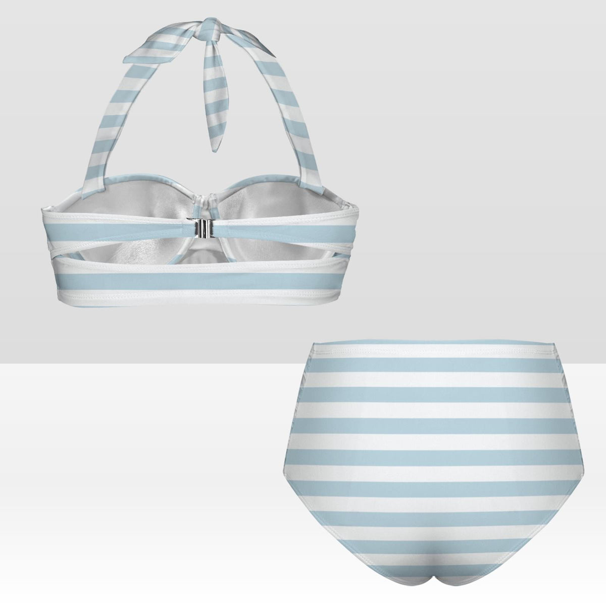 Retro Sweetheart High-Waist Bikini, Coastal Pin Up Halter Swimsuit, Blue Nautical Stripes