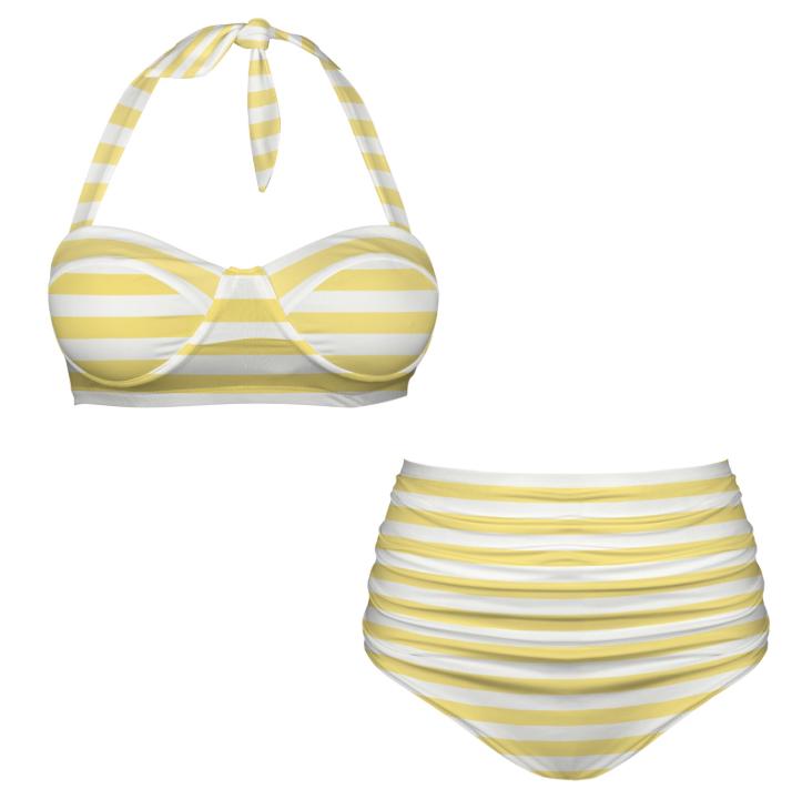 Retro Sweetheart High-Waist Bikini, Coastal Pin Up Halter Swimsuit, Blue Nautical Stripes