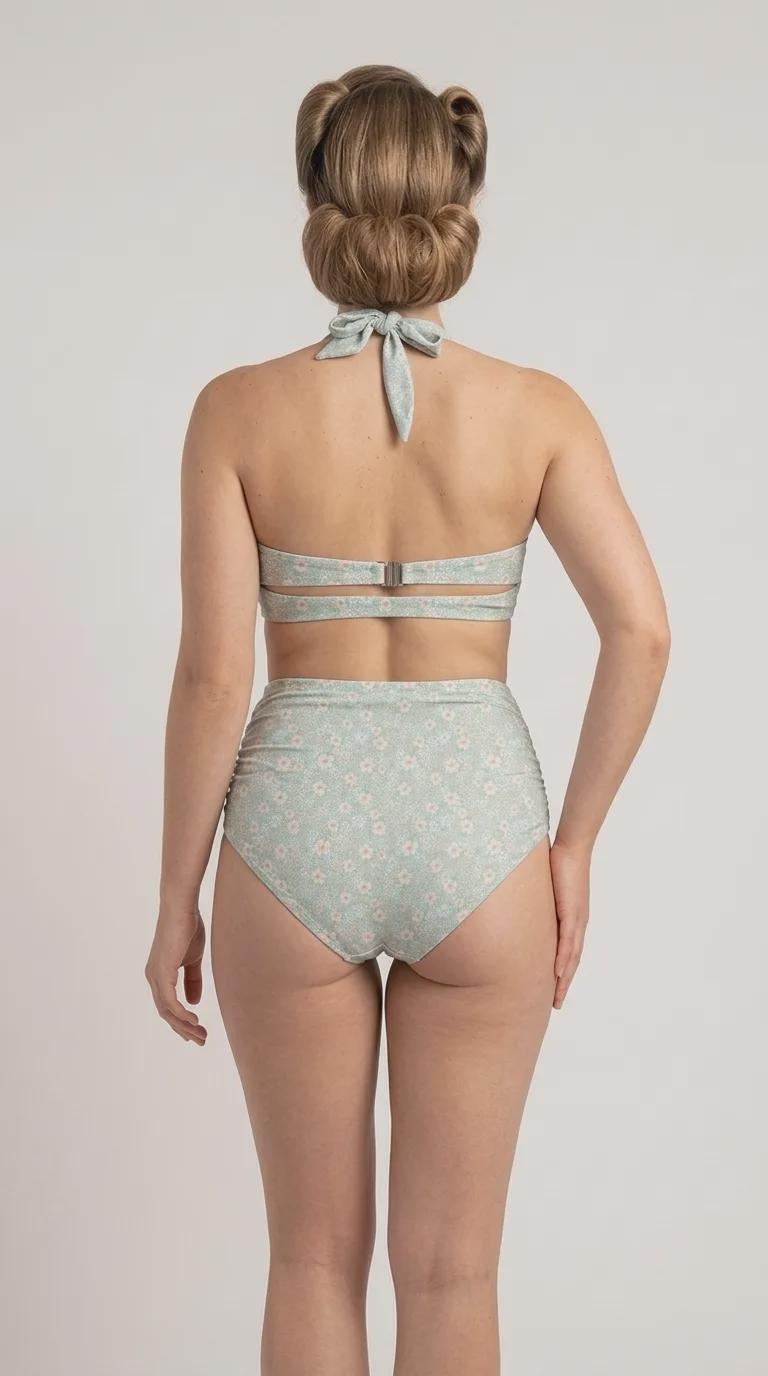 Retro Sweetheart High-Waist Bikini, Floral Pin Up Halter Swimsuit, Small Blue Florals