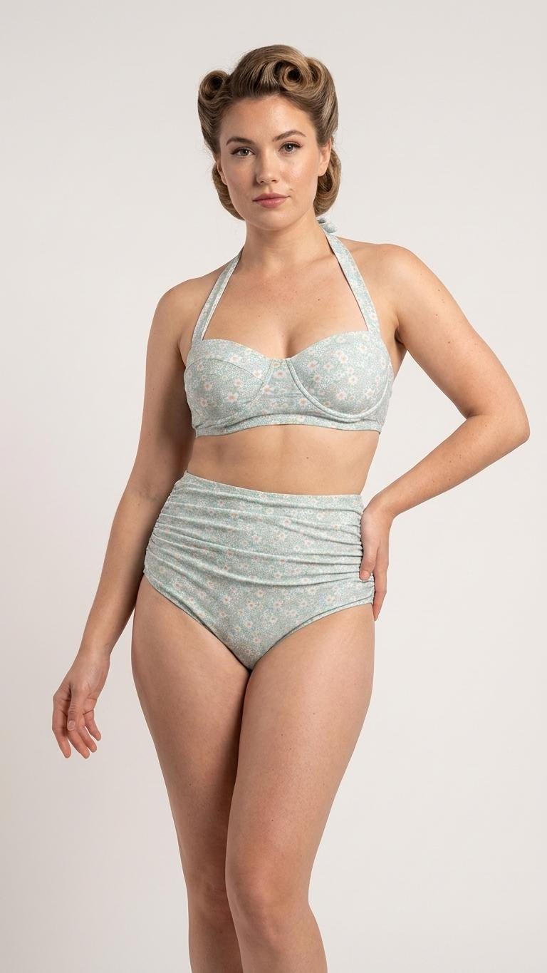 Retro Sweetheart High-Waist Bikini, Floral Pin Up Halter Swimsuit, Small Blue Florals