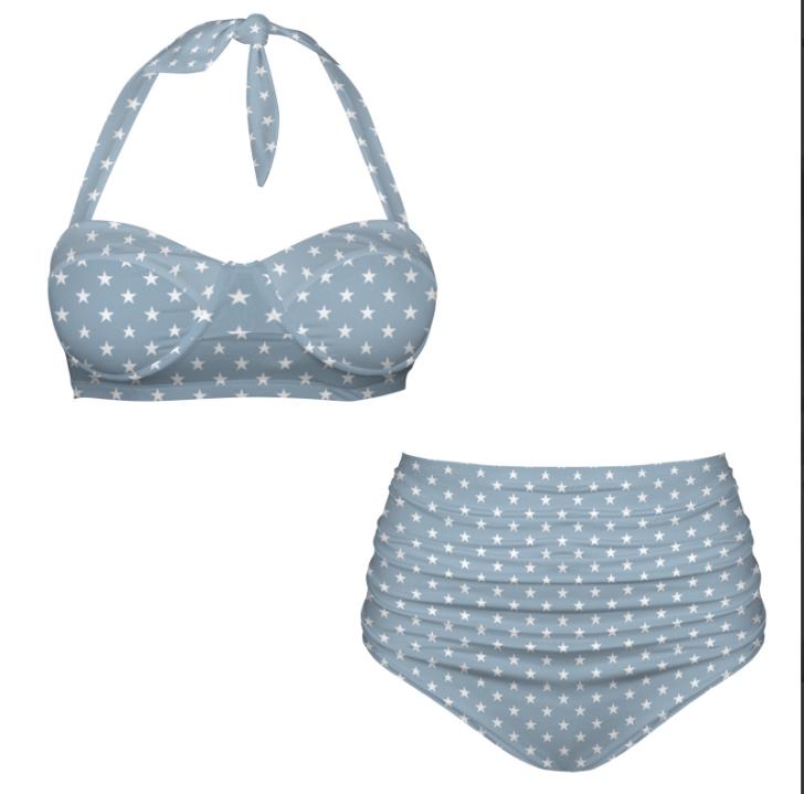 Retro Sweetheart High-Waist Bikini, Pin Up Halter Swimsuit, Blue with Stars