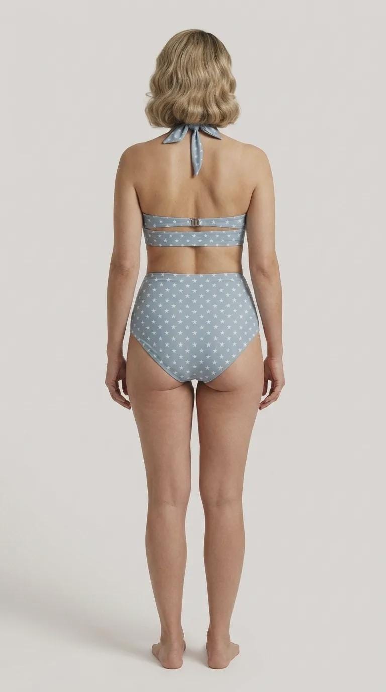 Retro Sweetheart High-Waist Bikini, Pin Up Halter Swimsuit, Blue with Stars