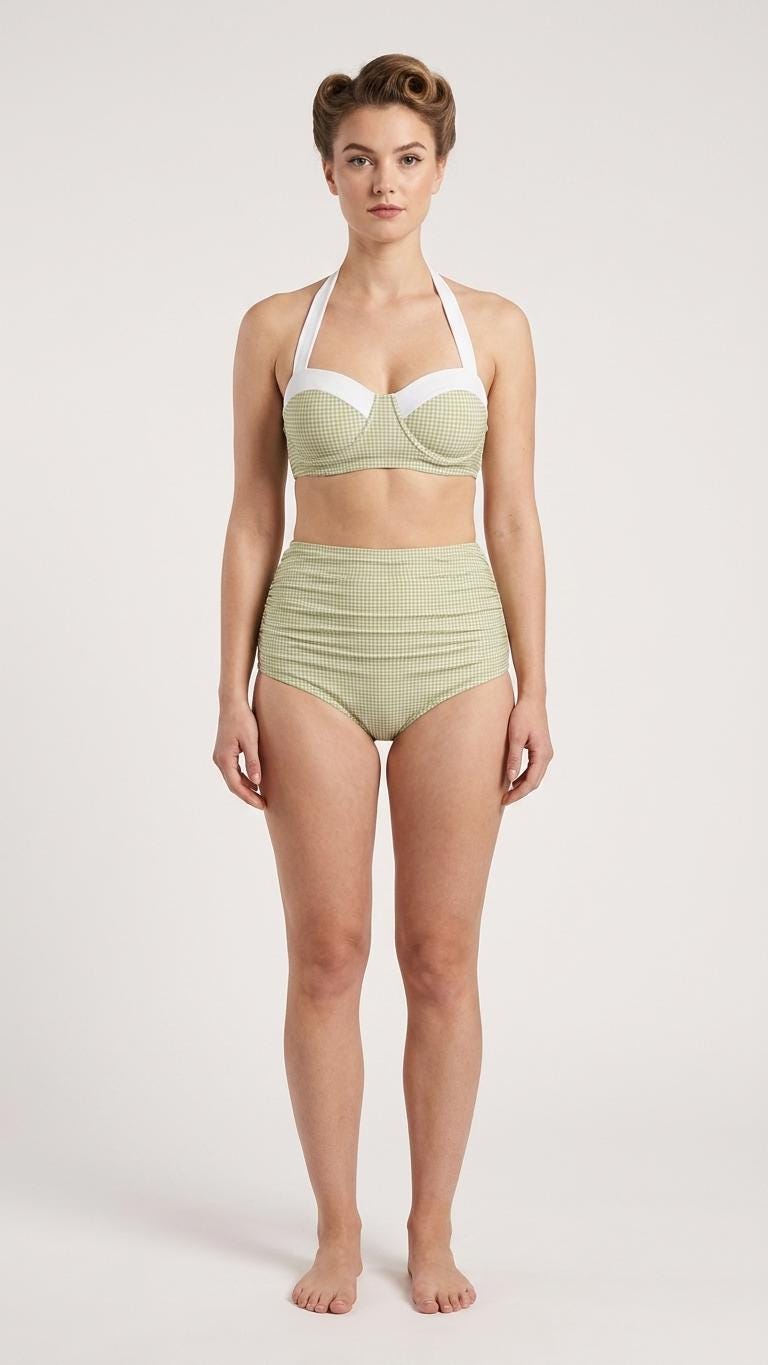 Coquette Vintage-Inspired High-Waist Bikini, Retro Pin Up 50s Green Gingham & White Two-Piece Swimsuit