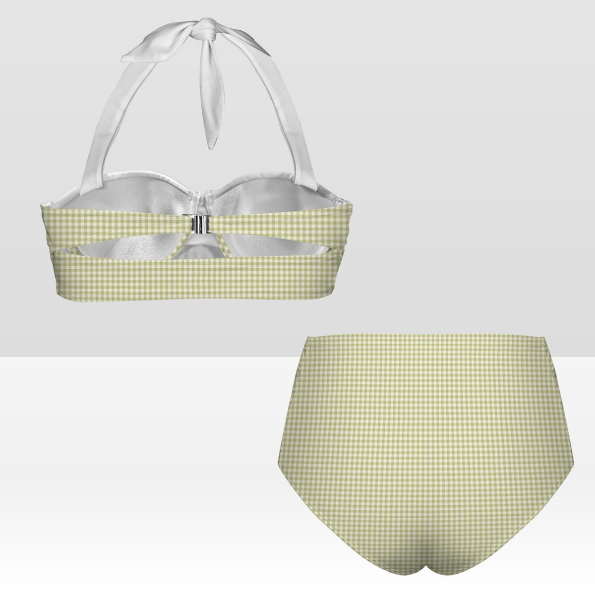 Coquette Vintage-Inspired High-Waist Bikini, Retro Pin Up 50s Green Gingham & White Two-Piece Swimsuit