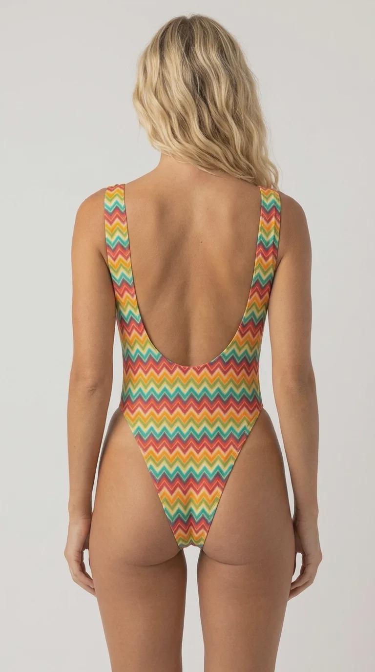 Chevron One-Piece Swimsuit – Cheeky High Leg, Flattering Cut – Multicolour