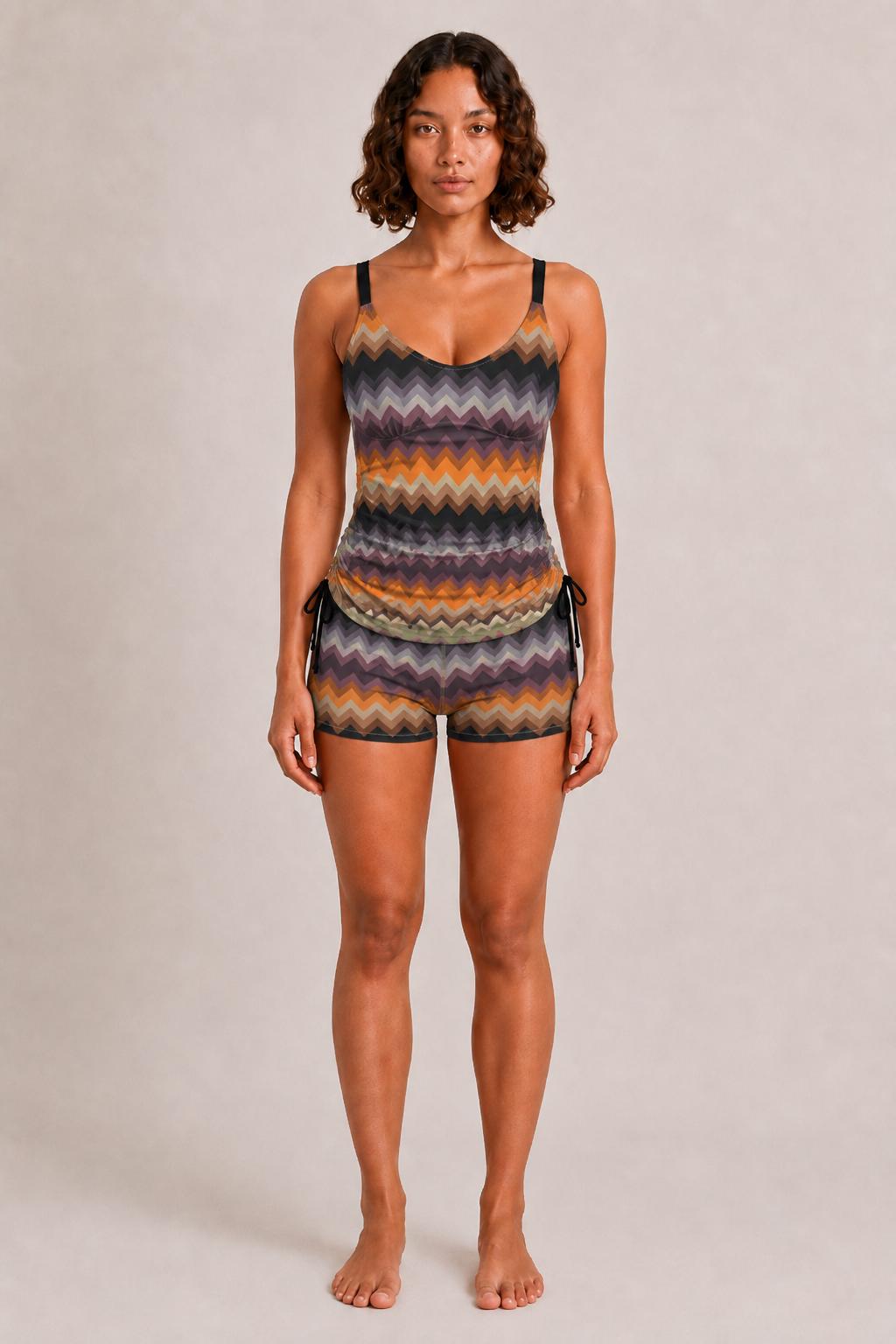 Drawstring Tankini Two-Piece Swimsuit, Boy Short Bottoms, Retro 1970s Chevron with Browns