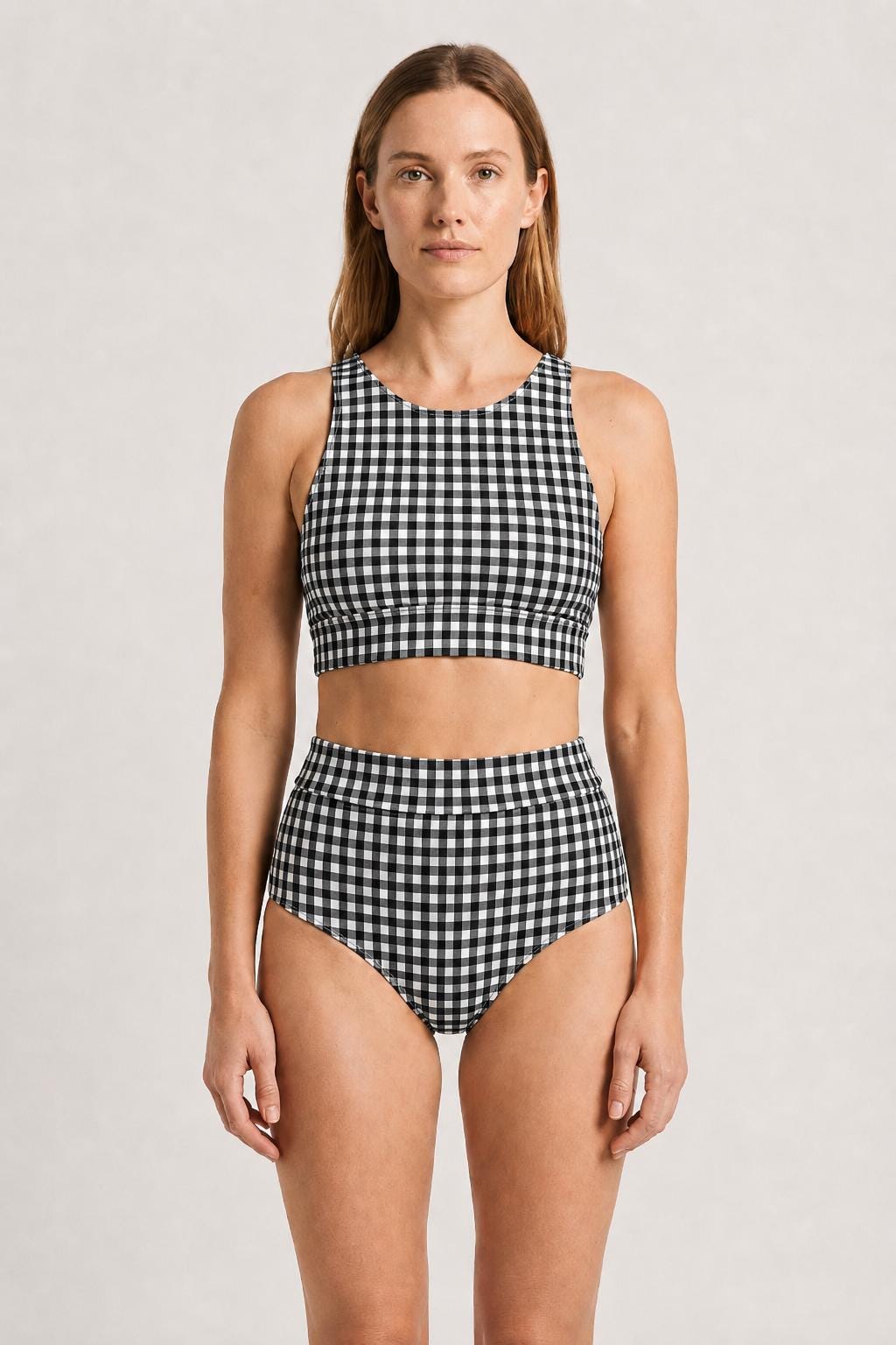 Racerback Bikini: High-Waisted Retro Two-Piece Swimsuit in Black Gingham