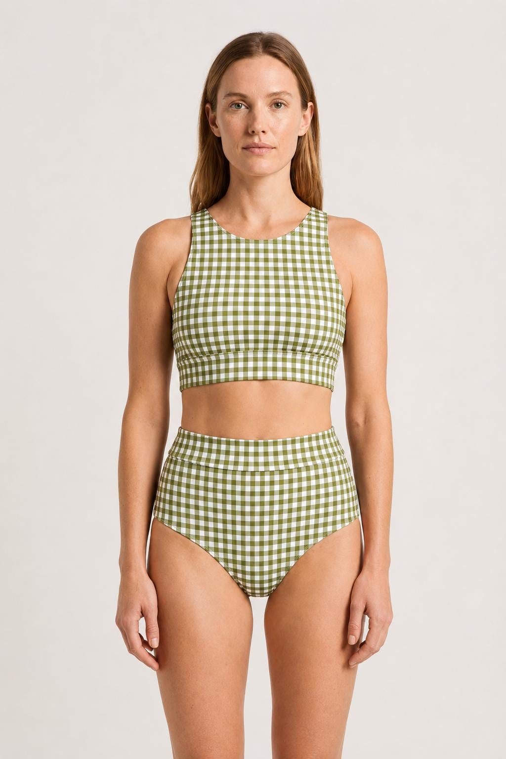 Racerback Bikini: High-Waisted Retro Two-Piece Swimsuit in Green Gingham