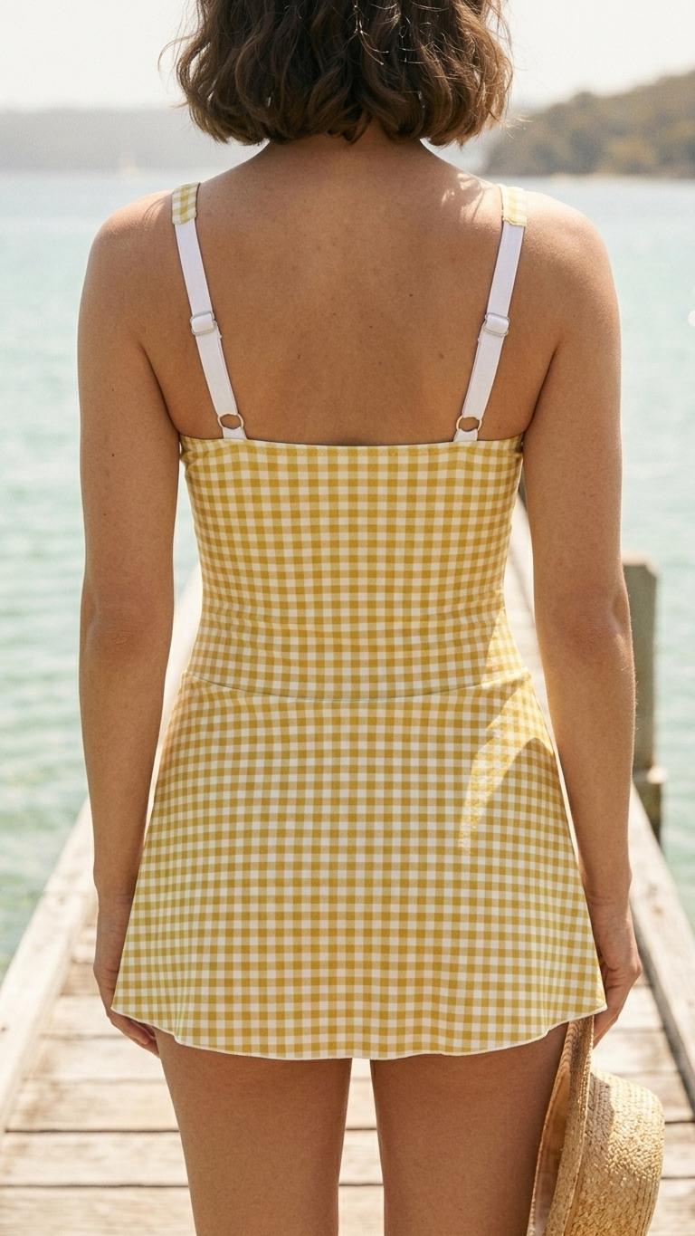 Retro Skirted One-Piece Swimsuit with Side Knot | Integrated Bottoms | Yellow Gingham