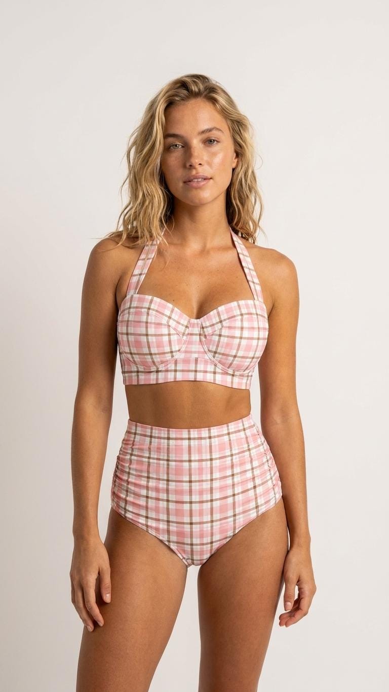 Retro Sweetheart High-Waist Bikini, 1970s-Inspired Pin Up Halter Swimsuit, Blush & Brown Plaid