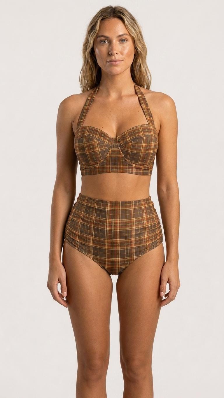 Retro Sweetheart High-Waist Bikini, 1970s-Inspired Pin Up Halter Swimsuit, Brown Plaid