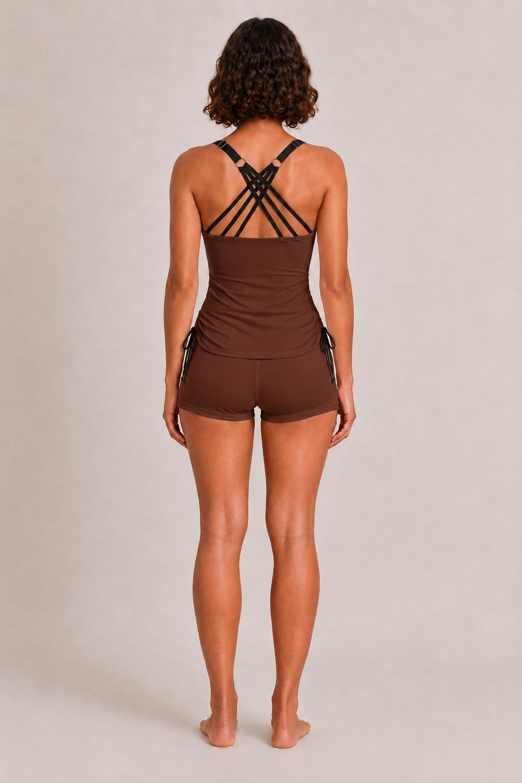 Drawstring Tankini Two-Piece Swimsuit, Boy Short Bottoms, Adjustable Criss-Cross Back Straps, Retro Brown