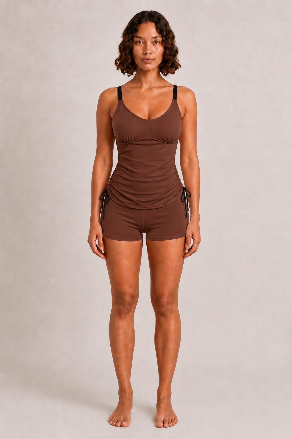 Drawstring Tankini Two-Piece Swimsuit, Boy Short Bottoms, Adjustable Criss-Cross Back Straps, Retro Brown