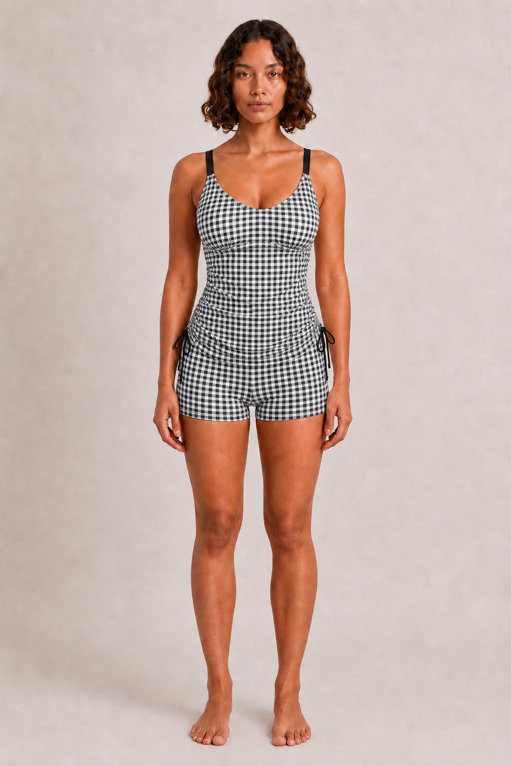 Drawstring Tankini Two-Piece Swimsuit, Boy Short Bottoms, Adjustable Criss-Cross Back Straps, Retro Black Gingham