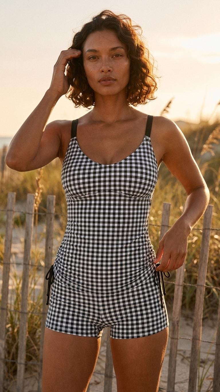 Drawstring Tankini Two-Piece Swimsuit, Boy Short Bottoms, Adjustable Criss-Cross Back Straps, Retro Black Gingham