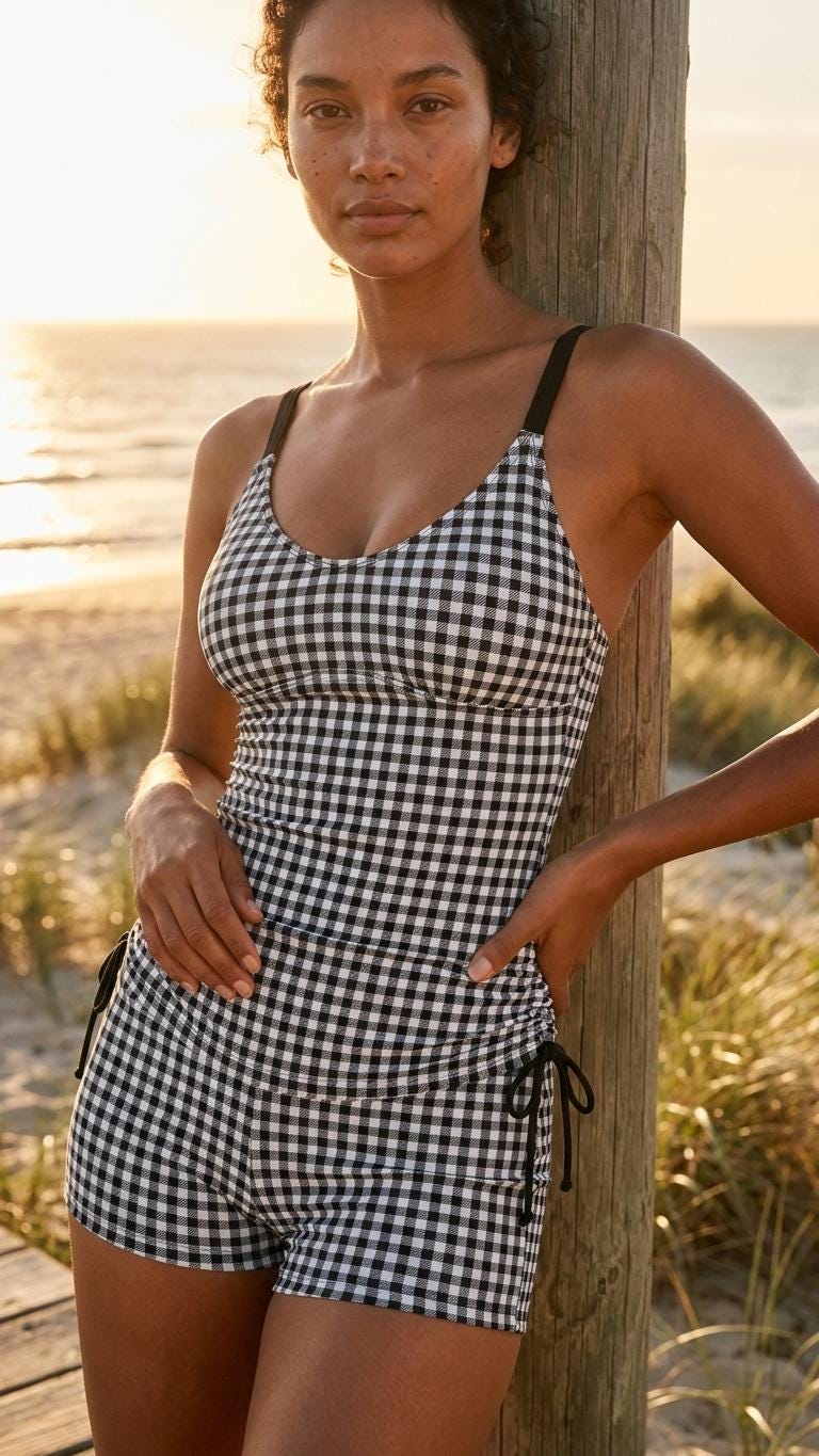 Drawstring Tankini Two-Piece Swimsuit, Boy Short Bottoms, Adjustable Criss-Cross Back Straps, Retro Black Gingham