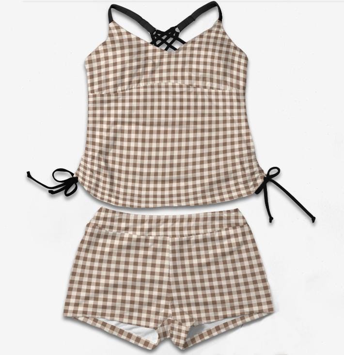 Drawstring Tankini Two-Piece Swimsuit, Boy Short Bottoms, Adjustable Criss-Cross Back Straps, Retro Brown Gingham