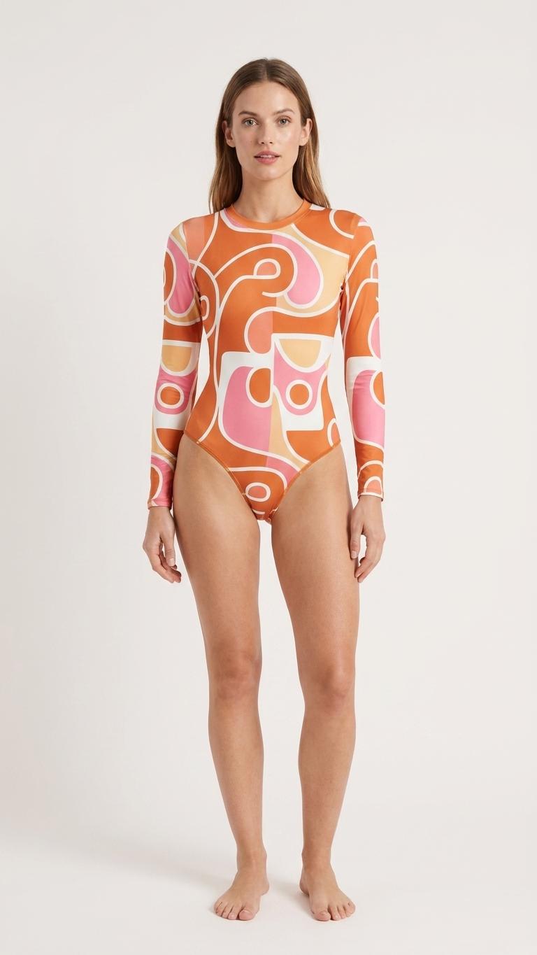 Sixties Mod Retro Bohemian One-Piece Swimsuit - Long Sleeve, Colourful & Lightweight - Terracotta