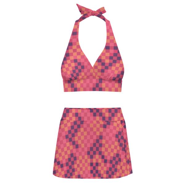 Pink Checker Retro Halter Tankini Skort Swim Set with Integrated Bottoms