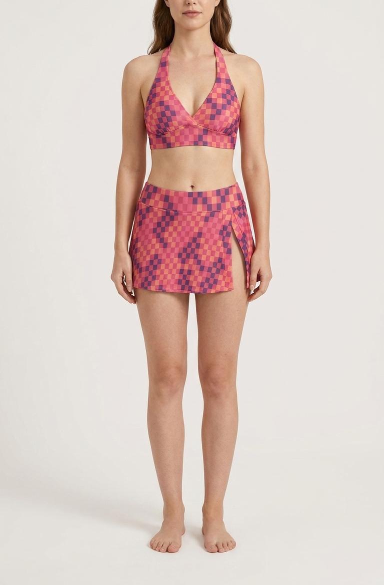 Pink Checker Retro Halter Tankini Skort Swim Set with Integrated Bottoms