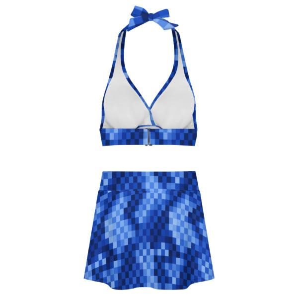 Blue Checker Retro Halter Tankini Skort Swim Set with Integrated Bottoms
