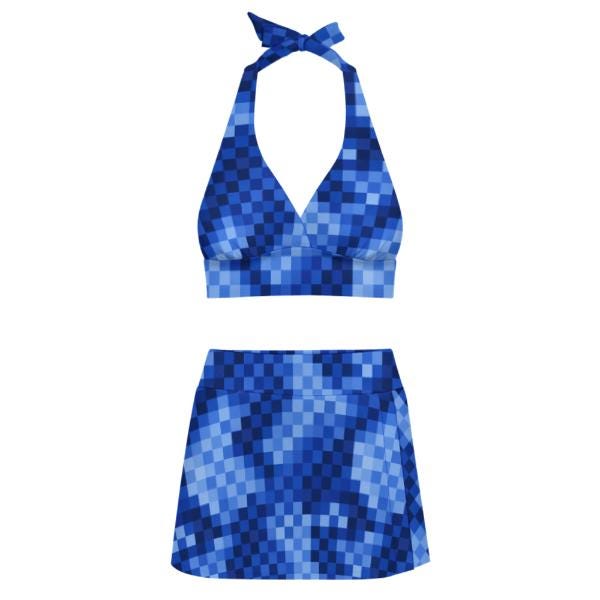 Blue Checker Retro Halter Tankini Skort Swim Set with Integrated Bottoms