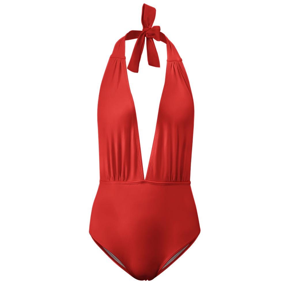 Retro Monroe Fiery Red Halter Plunge One Piece Swimsuit
