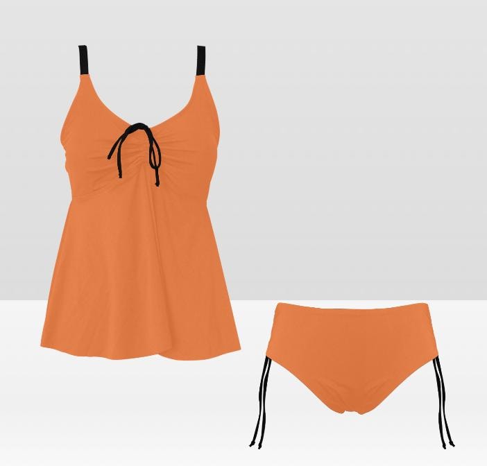 Orange Adjustable Drawstring Tankini Swim Dress | Split Two-Piece Retro Swimsuit