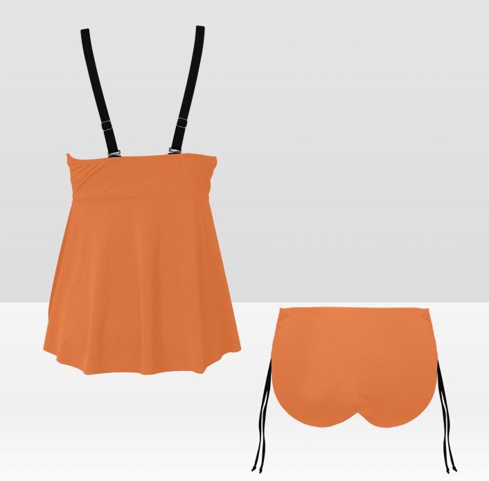 Orange Adjustable Drawstring Tankini Swim Dress | Split Two-Piece Retro Swimsuit