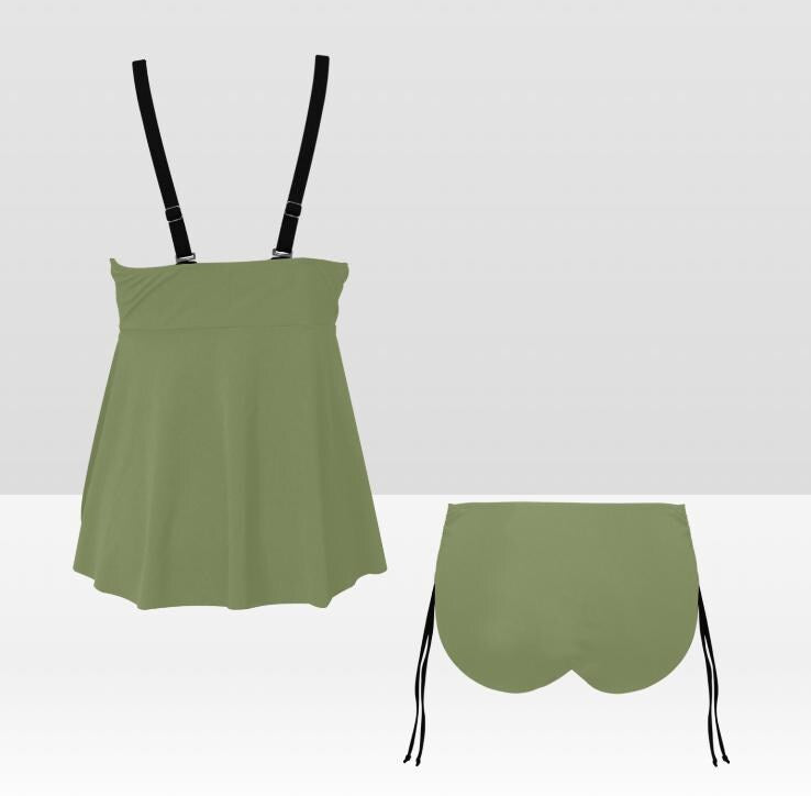 Green Adjustable Drawstring Tankini Swim Dress | Split Two-Piece Retro Swimsuit