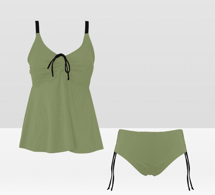 Green Adjustable Drawstring Tankini Swim Dress | Split Two-Piece Retro Swimsuit