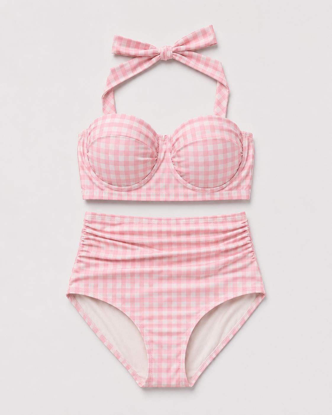 Retro Sweetheart High-Waist Bikini, Vintage-Inspired Checker Pin Up Halter Swimsuit, Pink Gingham