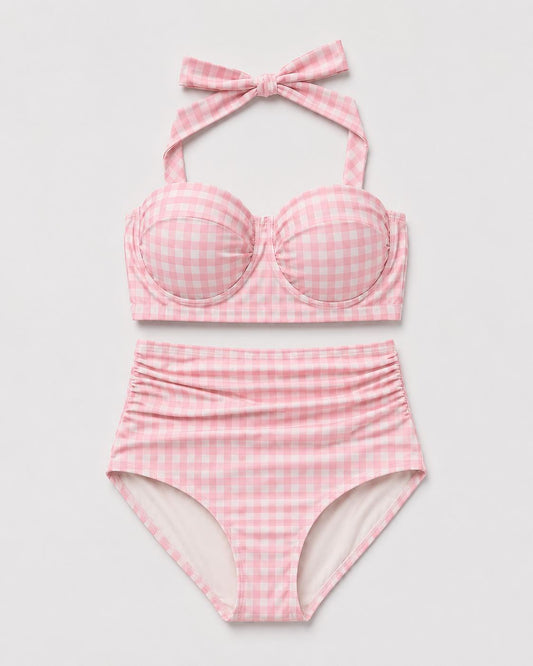 Retro Sweetheart High-Waist Bikini, Vintage-Inspired Checker Pin Up Halter Swimsuit, Pink Gingham